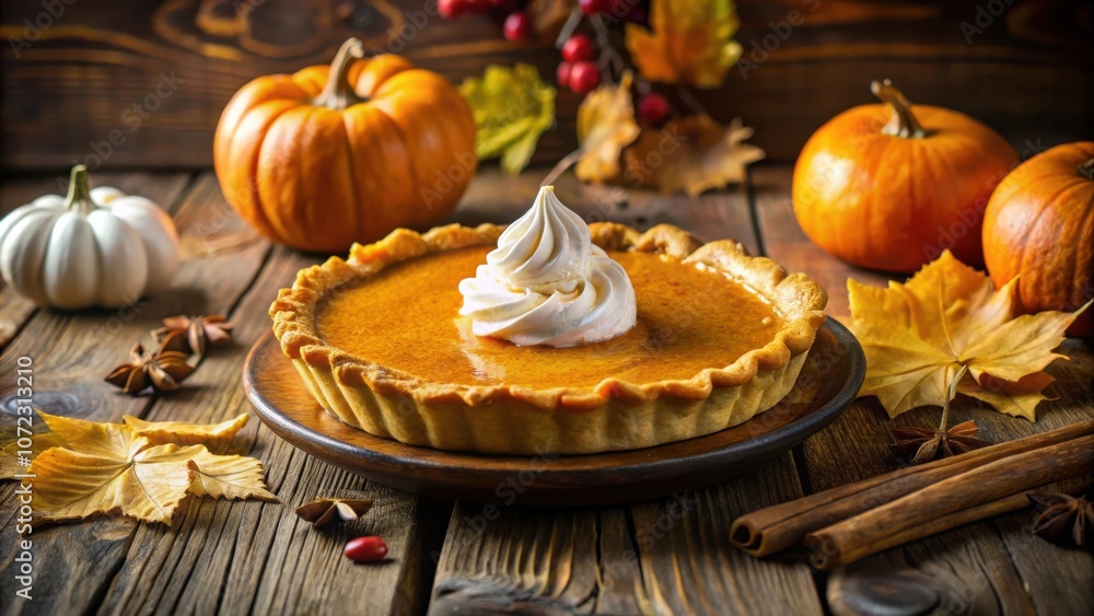 A Classic Pumpkin Pie With Whipped Cream, Served On Rustic Wooden Table With Autumnal Accents A Classic Pumpkin Pie With Whipped Cream, Served On Rustic Wooden Table With Autumnal Accents