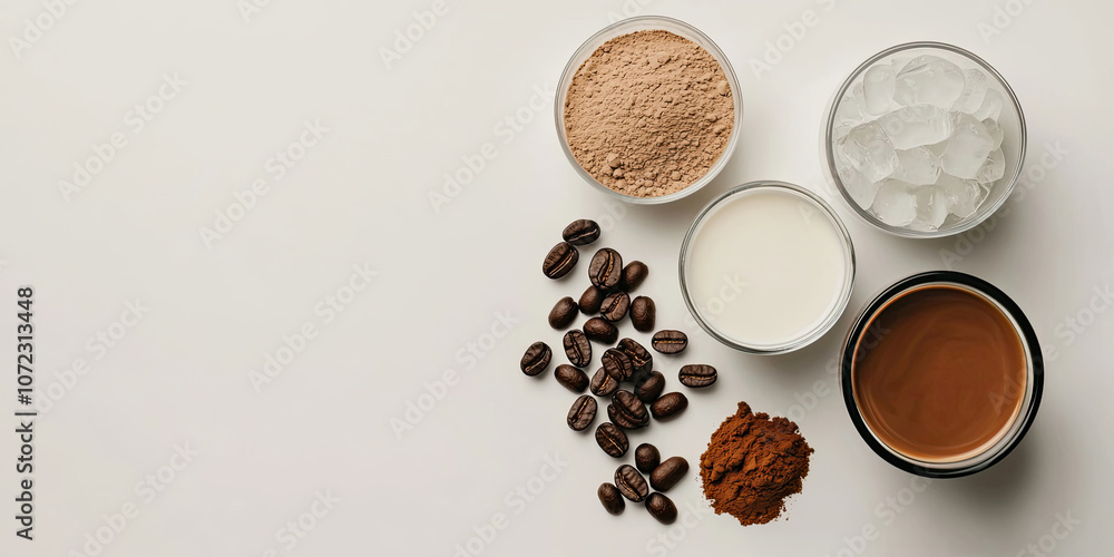 A flat lay of coffee ingredients including roasted beans, cocoa powder, milk, ice, and various powders, perfect for crafting delicious beverages. A flat lay of coffee ingredients including roasted beans, cocoa powder, milk, ice, and various powders, perfect for crafting delicious beverages.