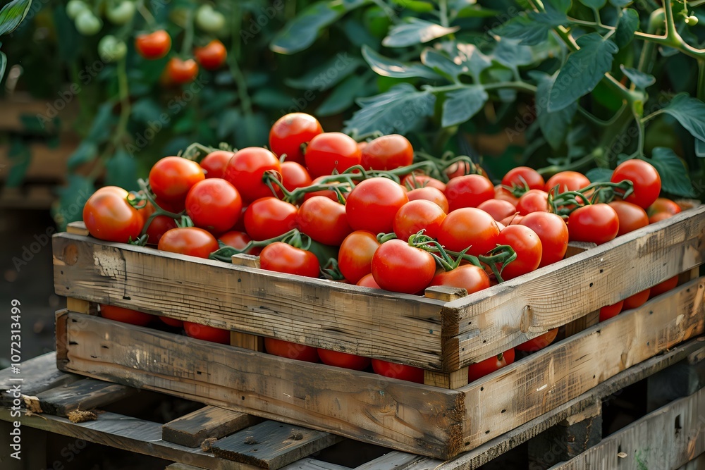 Fresh ripe tomatoes harvested from organic garden fill rustic wooden crate, perfect for farm-to-table food photography, cooking blogs and agricultural marketing. Fresh ripe tomatoes harvested from organic garden fill rustic wooden crate, perfect for farm-to-table food photography, cooking blogs and agricultural marketing.