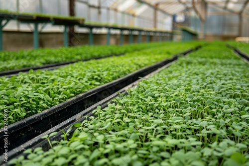 Rows of microgreens growing in a greenhouse using hydroponics and soilless planting methods photo