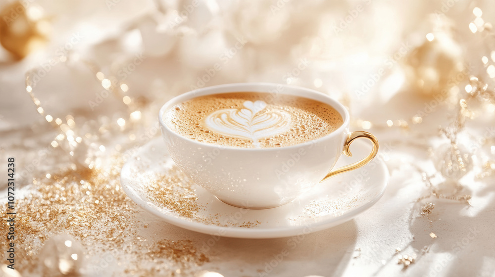 Fototapeta premium Luxurious golden latte in elegant cup with heart design, perfect for cozy moments