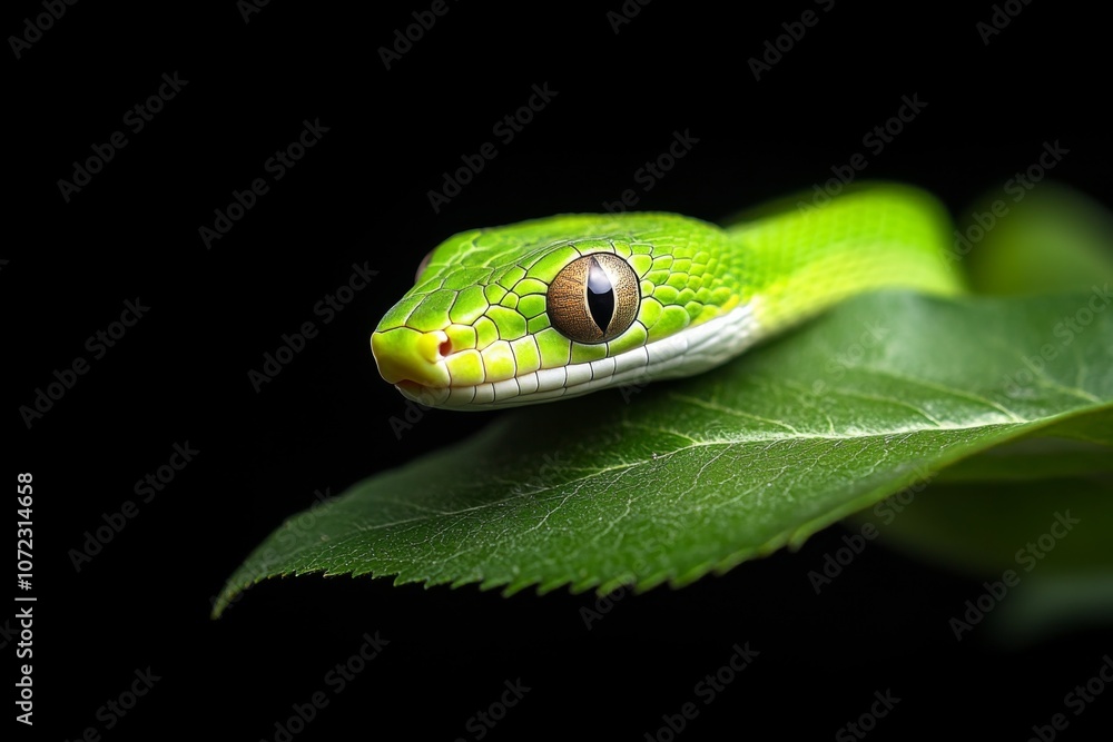 A vibrant green tree snake resting on a leaf in a dark background, showcasing its vivid colors and intricate patterns