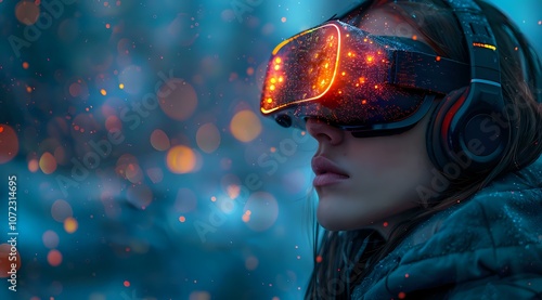 Captivating woman wearing virtual reality headset with colorful bokeh effects, perfect for technology, gaming and immersive digital experience advertising.