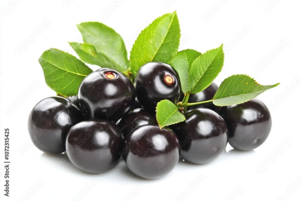 Ripe black cherries with fresh green leaves Ripe black cherries with fresh green leaves