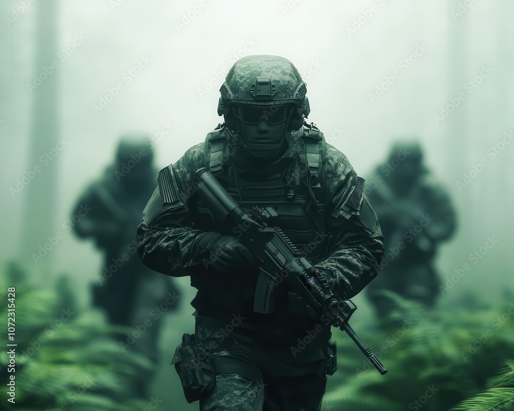 US soldiers fighting in dense European forest, camouflaged gear, smoke rising from explosions US soldiers fighting in dense European forest, camouflaged gear, smoke rising from explosions