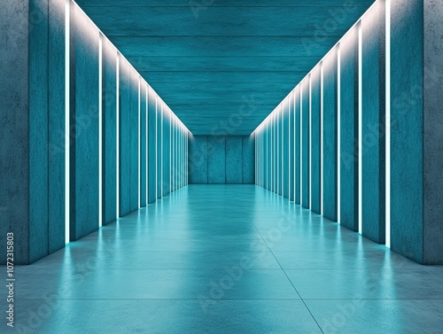 A modern corridor with illuminated walls, featuring a sleek, minimalist design in shades of blue and gray, creating a futuristic ambiance.