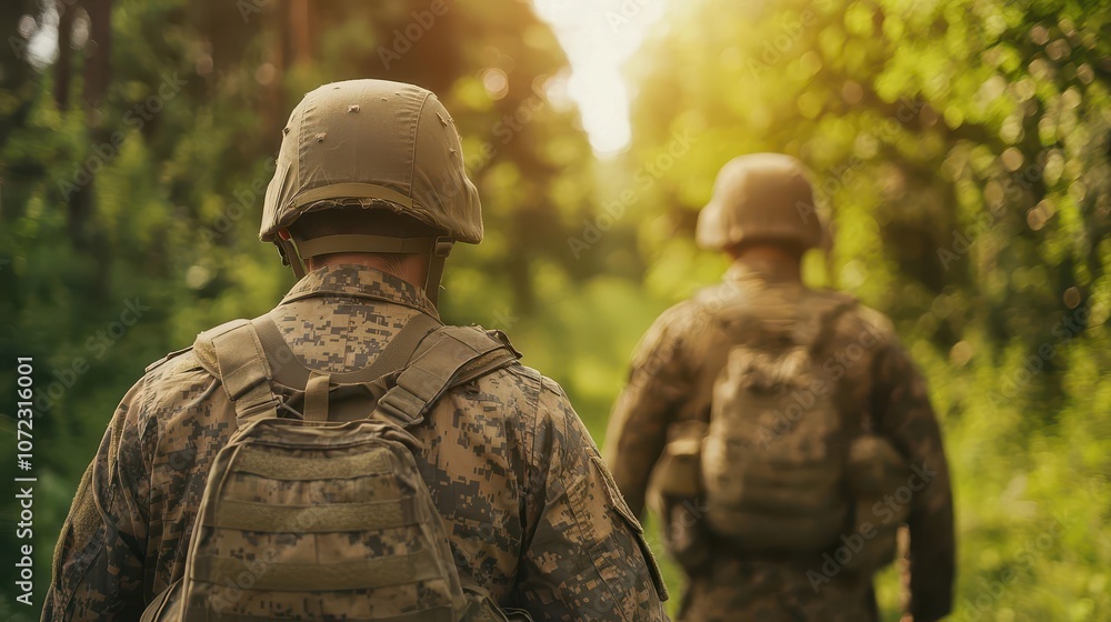 US soldiers in combat gear advancing through a dense forest, early morning light, WWII battlefield US soldiers in combat gear advancing through a dense forest, early morning light, WWII battlefield