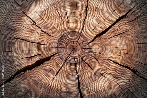 Large circular piece of wood cross section with tree ring texture pattern and cracks. Detailed organic surface from nature. , isolated on white background,  , copy space for text,