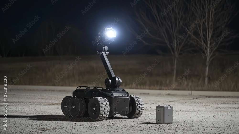 Bomb disposal robot approaching suspicious package at night Bomb disposal robot approaching suspicious package at night