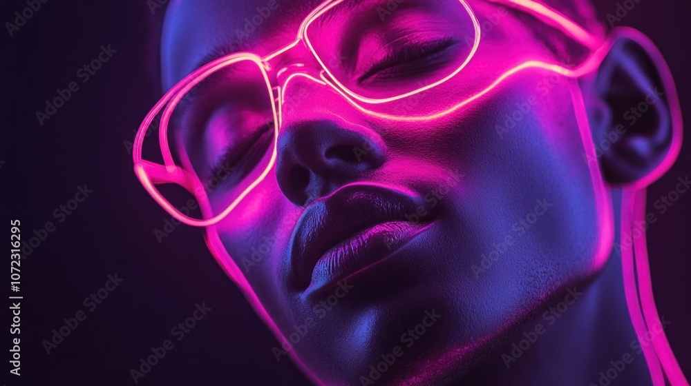 Neon Portrait: A Woman's Face Bathed in Pink Light Neon Portrait: A Woman's Face Bathed in Pink Light