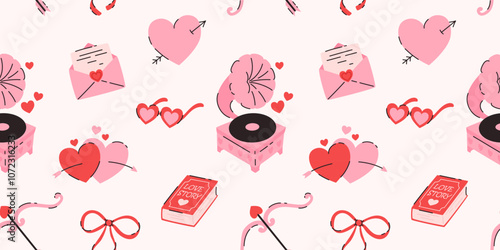 Seamless pattern with elements for Valentine's Day. Hearts, gramophone, letter, book, bow and arrow. Flat vector illustration.