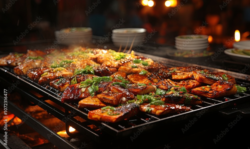 Diverse Food Cooking on BBQ Grill Diverse Food Cooking on BBQ Grill