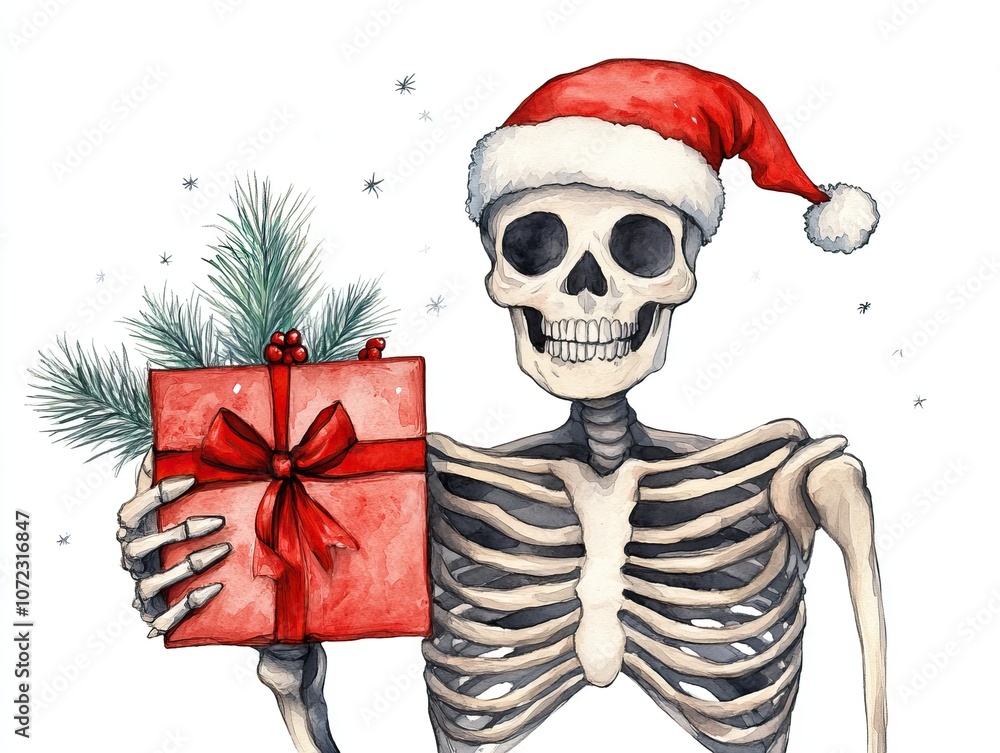 A festive skeleton wearing a Santa hat holds a wrapped gift, embodying a playful blend of Halloween and Christmas themes, watercolor style A festive skeleton wearing a Santa hat holds a wrapped gift, embodying a playful blend of Halloween and Christmas themes, watercolor style