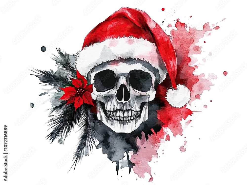 A festive skull adorned with a Santa hat, combined with holiday elements, creating a playful yet eerie illustration, watercolor style