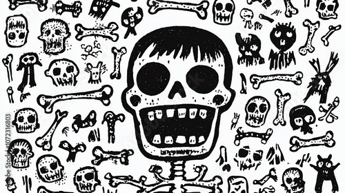 weirdo doodle black linocut cute cryptozoology bones skull bones nature weirdo different elements isolated on 100% white background