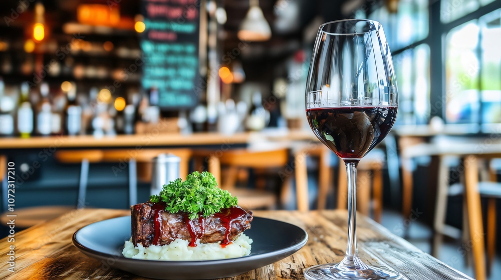 Naklejka premium Grilled beef steak with mashed potatoes and red wine in restaurant setting