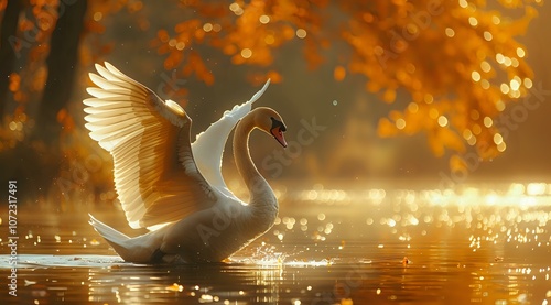 Fototapeta Naklejka Na Ścianę i Meble -  A majestic swan gracefully gliding on a golden-lit lake surrounded by autumn foliage. Perfect for themes of serenity, natural beauty, and seasonal elegance.