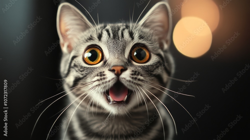 Surprised American Shorthair Cat, vibrant coat pattern highlighted, wide eyes and startled expression capture a moment of playful curiosity and energy. Surprised American Shorthair Cat, vibrant coat pattern highlighted, wide eyes and startled expression capture a moment of playful curiosity and energy.