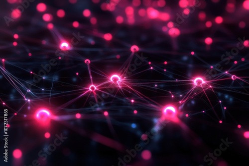 Abstract 3D Digital Network Background with Glowing Pink Nodes and Connecting Lines Representing Data Flow, Connectivity, and Technology Concepts