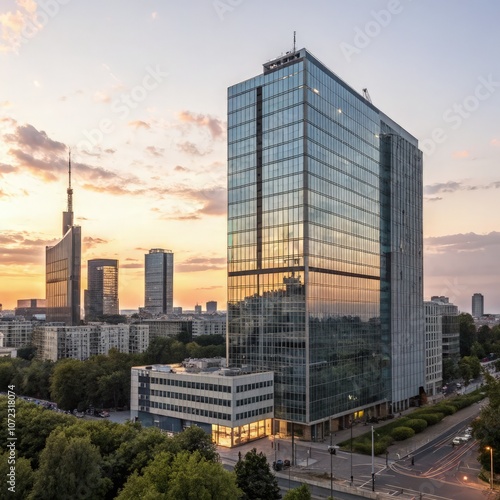 Modern office building at sunset in the city center of Warsaw, Poland. Generative AI