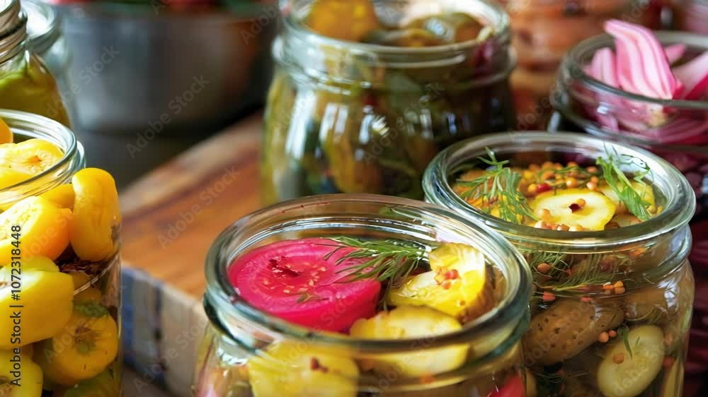 Several glass jars are filled with a variety of pickled vegetables and herbs, showcasing the art of preserving food. The image highlights the vibrant colors and textures of homemade pickles Several glass jars are filled with a variety of pickled vegetables and herbs, showcasing the art of preserving food. The image highlights the vibrant colors and textures of homemade pickles