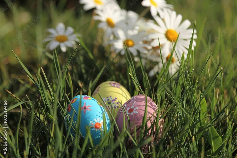 green grass nestled within the grass are vibrantly colored Easter eggs green grass nestled within the grass are vibrantly colored Easter eggs
