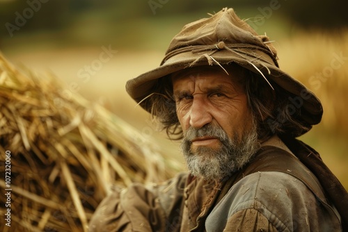 Senior farmer wearing worn clothes and hat posing for portrait in golden wheat field during harvest