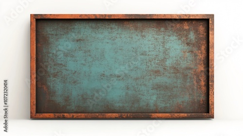 A rustic, weathered metallic surface with a patina finish, framed in an aged border, conveying a vintage, industrial feel.