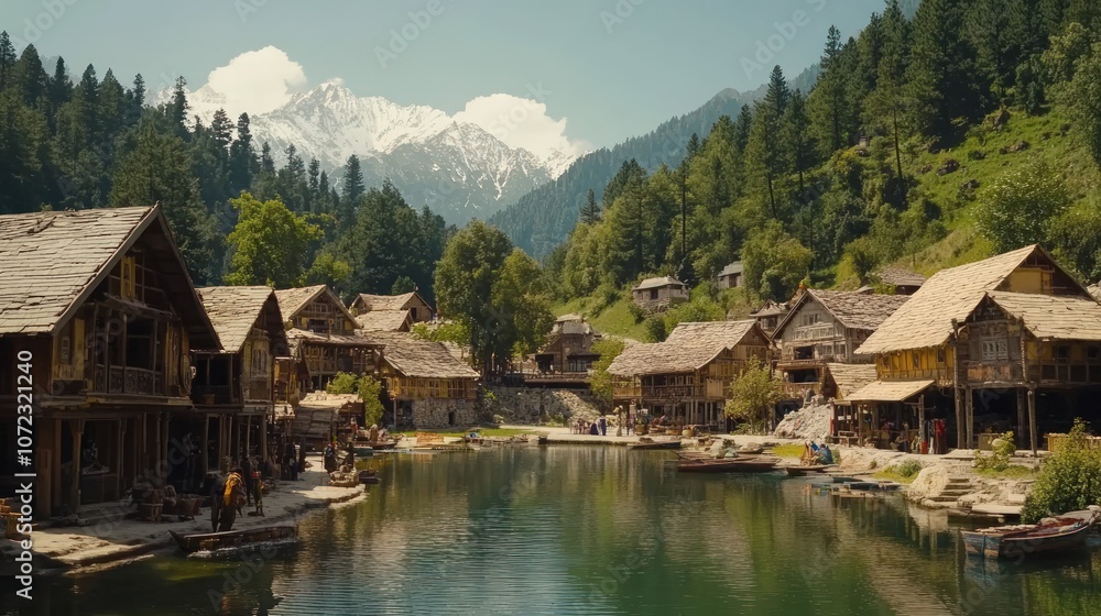 Picturesque mountain village with wooden houses, a lake, and snow-capped mountains in the background. Picturesque mountain village with wooden houses, a lake, and snow-capped mountains in the background.