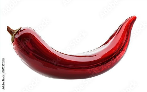 A glossy red chili pepper with a curved shape, showcasing its vibrant color and smooth texture. photo