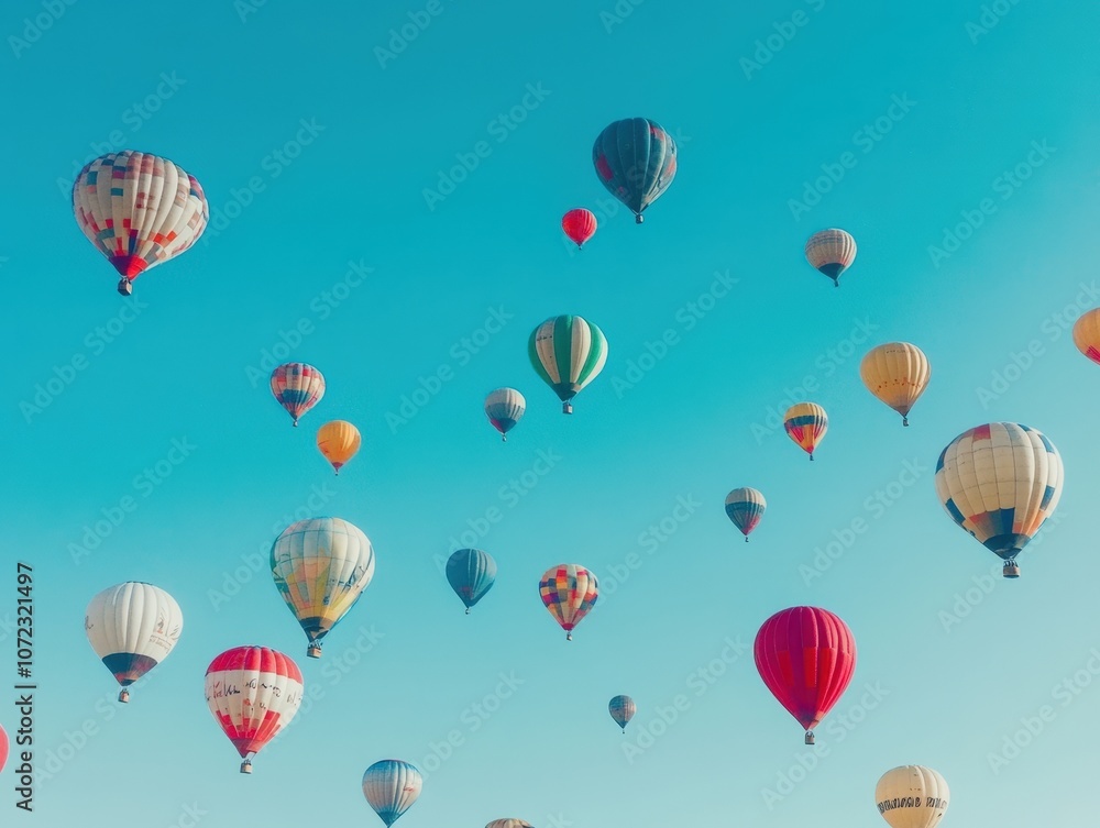 Colorful hot air balloons soaring in a clear blue sky Colorful hot air balloons soaring in a clear blue sky