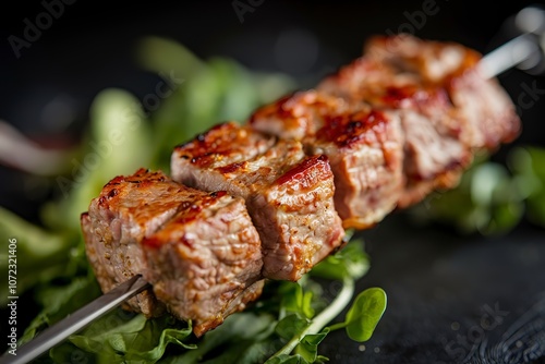 grilled golden lamb kebab or barbecue shashlik on a skewer photo