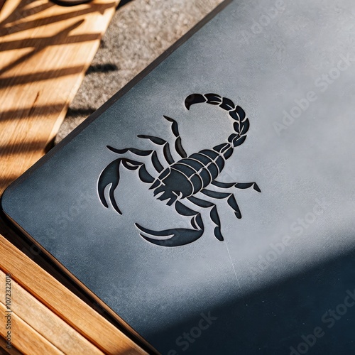 Stylish Scorpio logo design etched on a sleek black surface. Generative AI photo