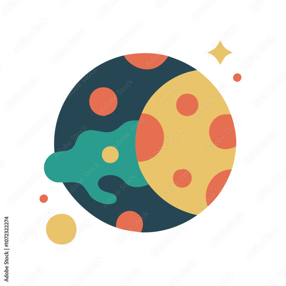 Obraz premium A colorful planet with a yellow moon and green spots. The planet is surrounded by a blue and green swirl