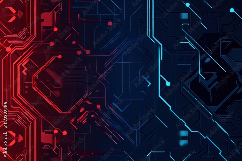 Dynamic cybernetic backdrop featuring red and blue circuitry patterns. Generative AI Dynamic cybernetic backdrop featuring red and blue circuitry patterns. Generative AI