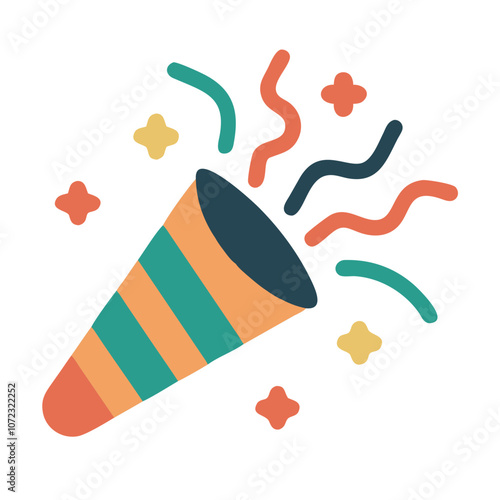 A colorful, striped, and striped party horn with a lot of sparkles and confetti. Concept of celebration and joy