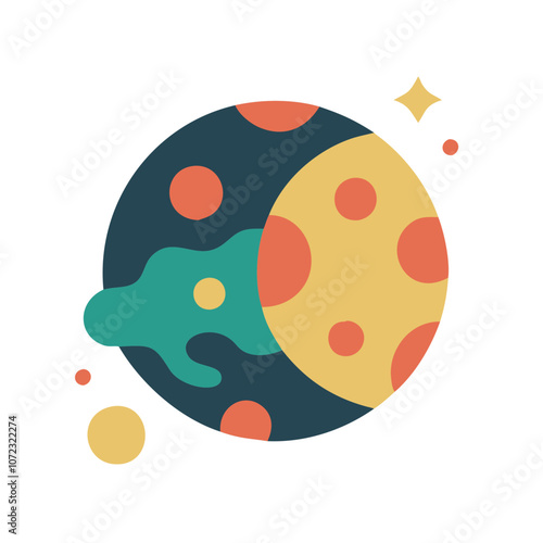 A colorful planet with a yellow moon and green spots. The planet is surrounded by a blue and green swirl