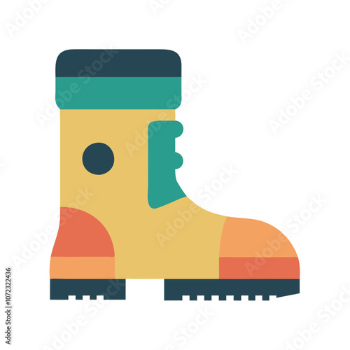 A yellow and orange shoe with a green stripe. The shoe is designed to look like a boot