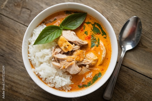 A photo of a bowl of panang curry chicken soup with rice