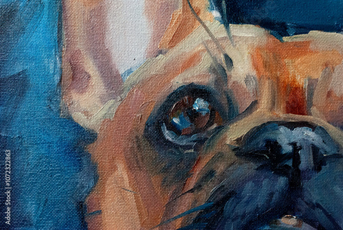 Ritratto artistico di animale domestico cane bulldog francese su sfondo astratto blu con pennellate spontanee e colori realistici e vivaci