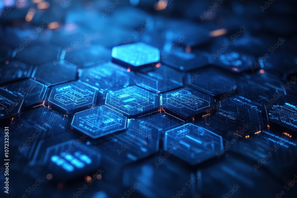 Abstract Infographic with Interconnected Hexagonal Shapes Representing Blockchain Technology, Network Connectivity, and Data Links in a Futuristic Blue Tone Abstract Infographic with Interconnected Hexagonal Shapes Representing Blockchain Technology, Network Connectivity, and Data Links in a Futuristic Blue Tone