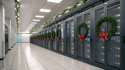 Spacious data center facility decorated for the holidays with festive wreaths. Generative AI