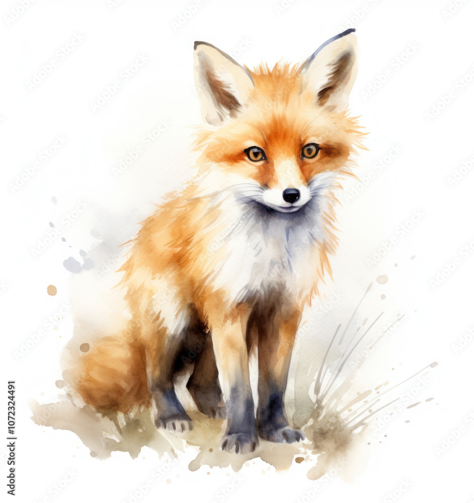 Fototapeta premium Cute fox cub made in watercolor: bright colors, playful look and soft lines convey charm