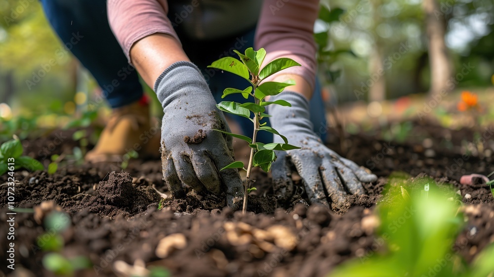 Naklejka premium Hands Planting a Young Seedling in the Soil, Symbolizing Growth and Environmental Care