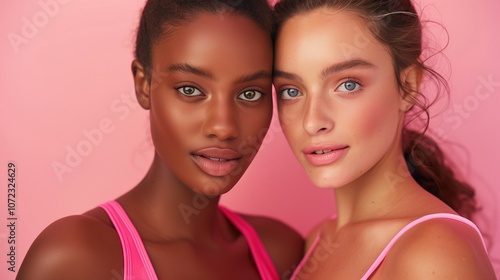 Portrait of Two Diverse Women with Natural Beauty and Fresh Skin, Isolated on Pink Background