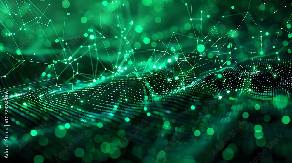 digital representation of interconnected nodes and glowing dots in shades of green, symbolizing data networks, technology, and digital communication. Ideal for themes of data science, networking digital representation of interconnected nodes and glowing dots in shades of green, symbolizing data networks, technology, and digital communication. Ideal for themes of data science, networking