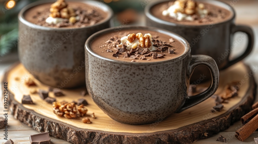 Three mugs of hot chocolate topped with nuts and chocolate shavings. Three mugs of hot chocolate topped with nuts and chocolate shavings.