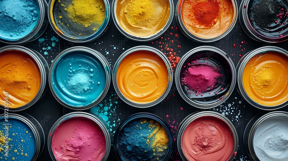 A top-down view of multiple paint cans in various vibrant colors, with splashes and colorful speckles, creating a dynamic and artistic palette. Perfect for creative, art, and design-related themes. A top-down view of multiple paint cans in various vibrant colors, with splashes and colorful speckles, creating a dynamic and artistic palette. Perfect for creative, art, and design-related themes.