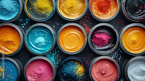 A top-down view of multiple paint cans in various vibrant colors, with splashes and colorful speckles, creating a dynamic and artistic palette. Perfect for creative, art, and design-related themes. photo