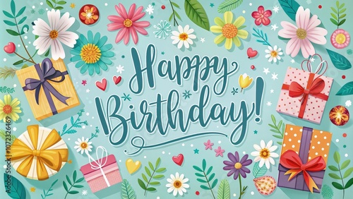 Festive birthday vector with cheerful flowers and gifts. Created with Generative AI photo